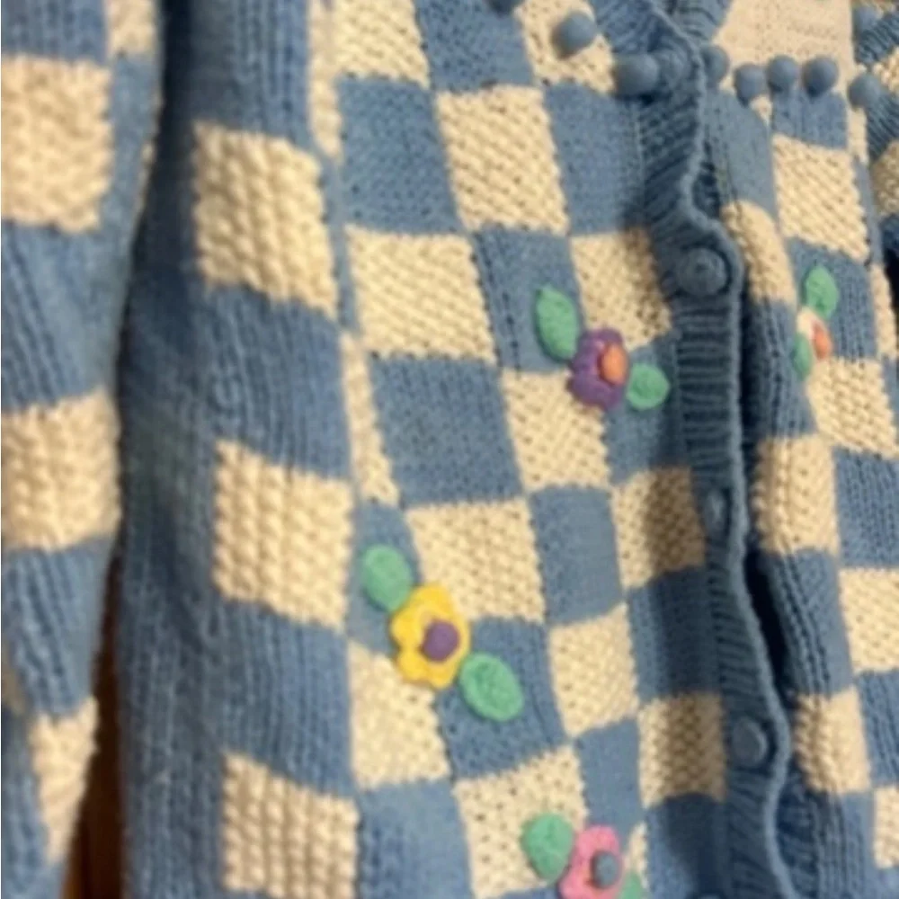 Blue and Cream Checker Floral Knit Cardigan - Women